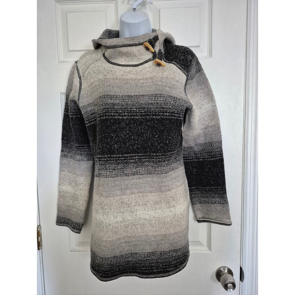 PrAna Women Wool Blend Hooded Tunic Kristen Sweater Gray Ombre Toggle Neck Large